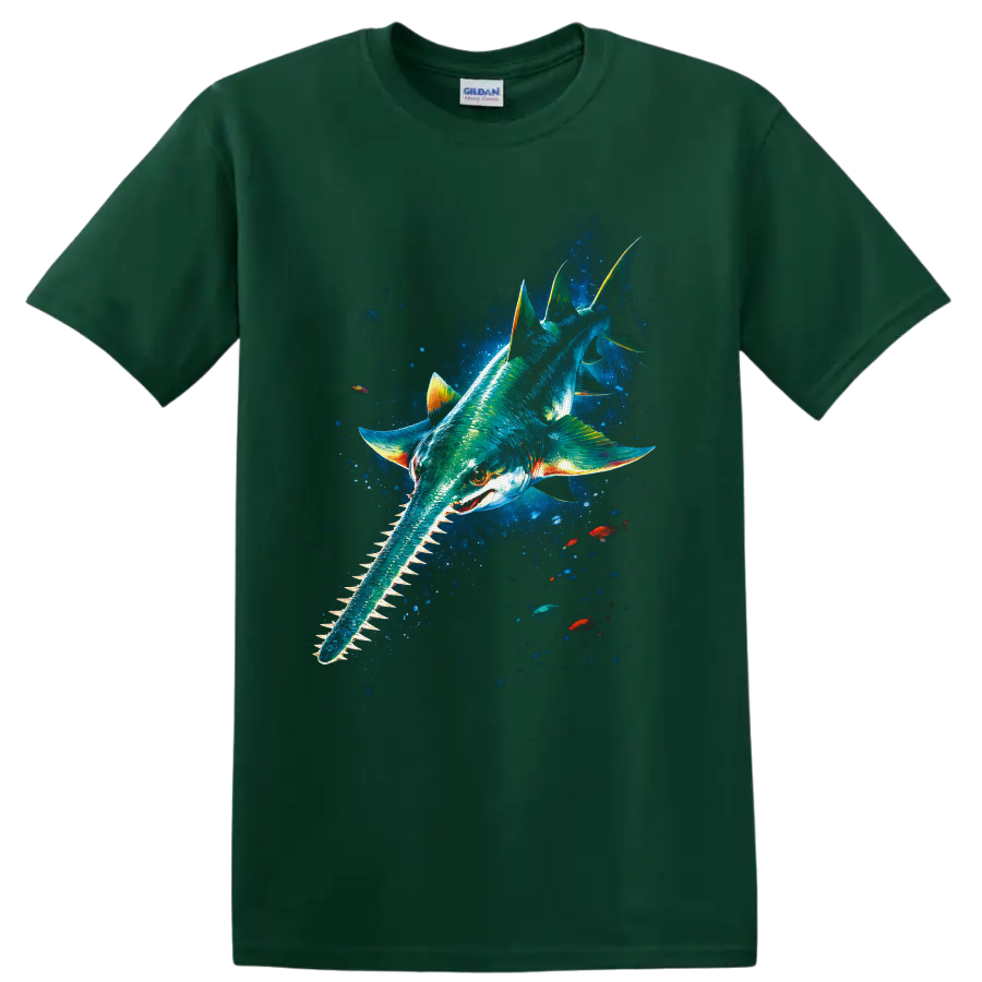 Colorful sawshark graphic swimming through a glowing deep-blue underwater scene on a Forest Green T Shirt