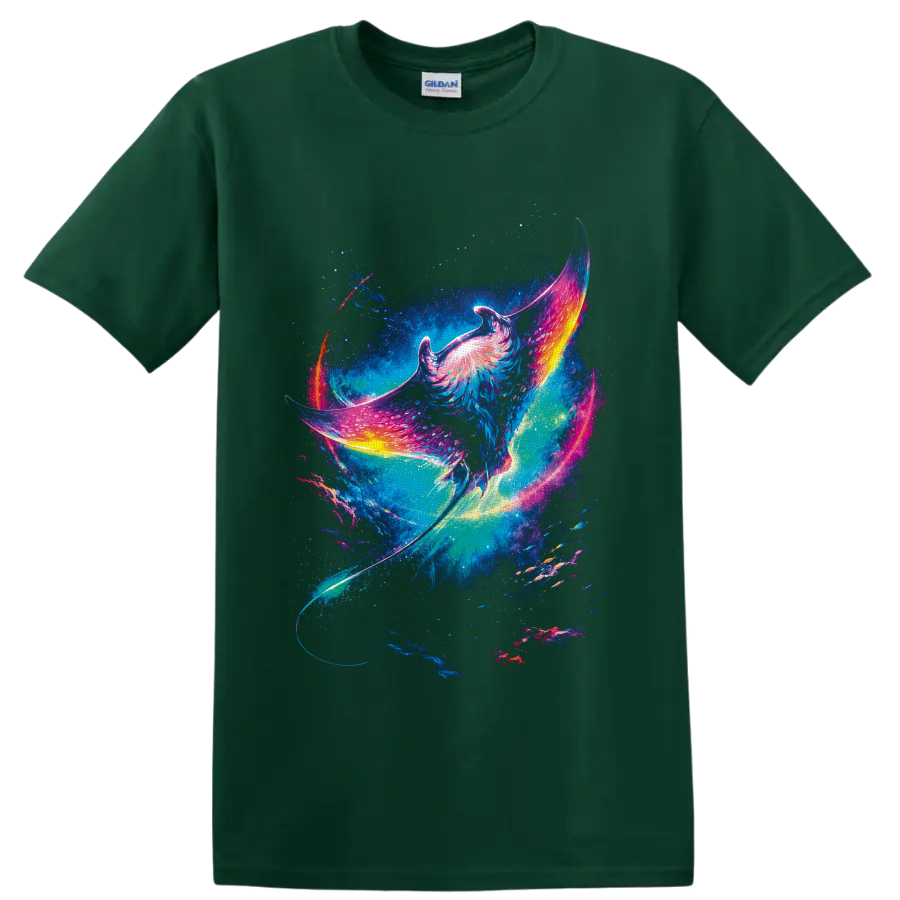 Neon fantasy manta ray gliding through a starry cosmic ocean on a Forest Green T Shirt