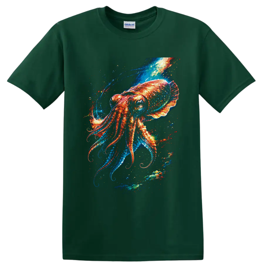 Vivid cosmic squid graphic with glowing orange tentacles and swirling blue ocean currents on a Forest Green T Shirt