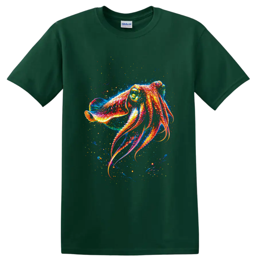 Neon orange octopus with curling arms in an electric blue ocean splash illustration on a Forest Green T Shirt
