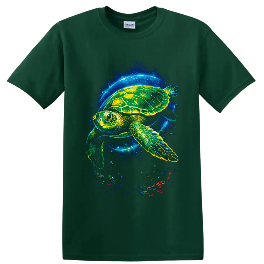 Neon sea turtle swimming through a glowing blue ocean with bubbles and coral reef on a Forest Green T Shirt