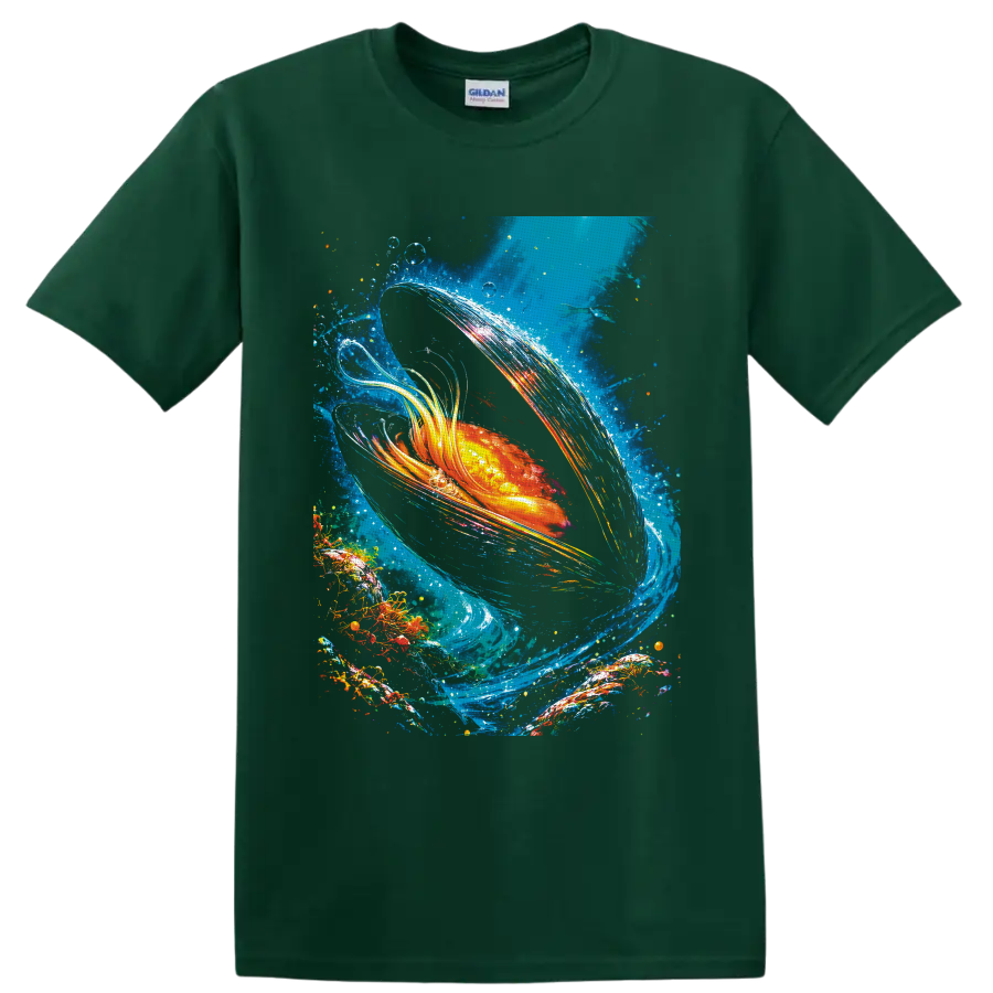 Radiant goldfish in swirling blue water with bubbles and colorful painterly splashes on a Forest Green T Shirt