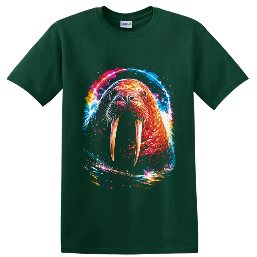 Vibrant cosmic walrus portrait with long tusks and swirling ocean-color energy on a Forest Green T Shirt
