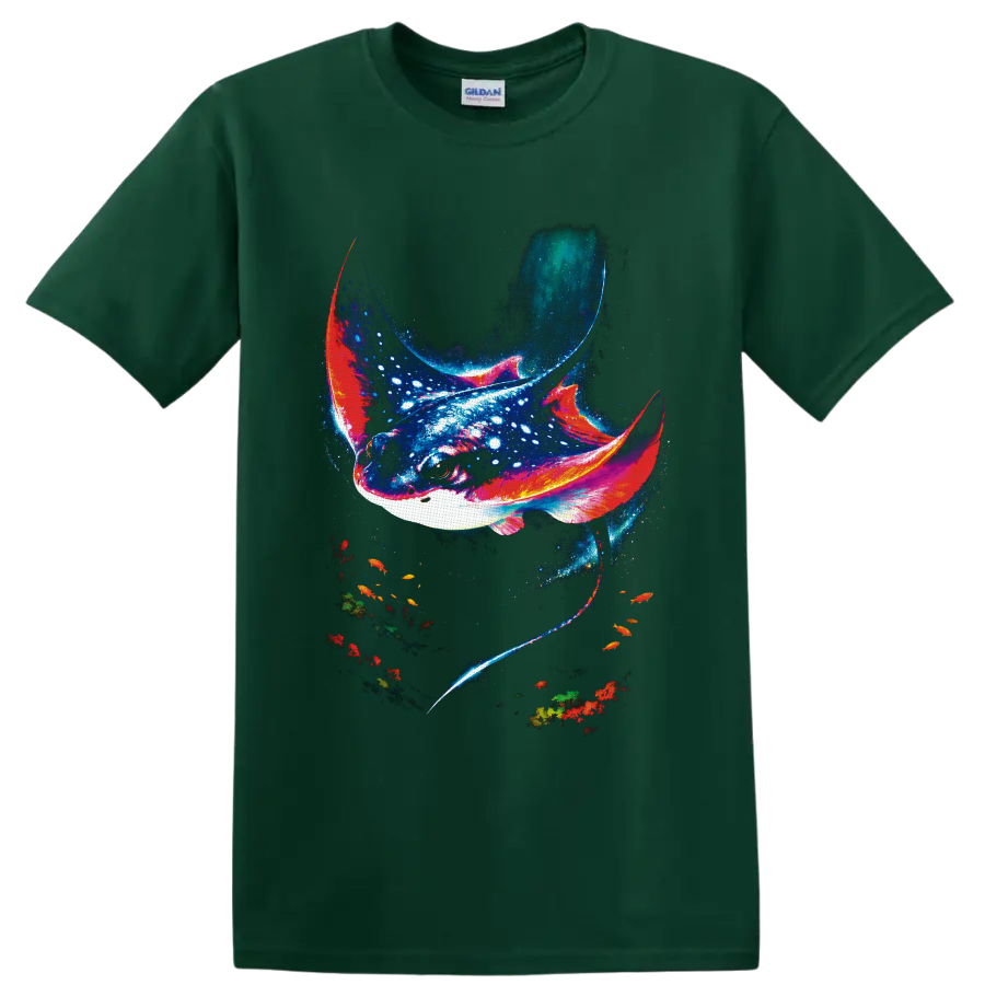 Cosmic manta ray illustration with luminous speckles, colorful fish, and coral on a Forest Green T Shirt