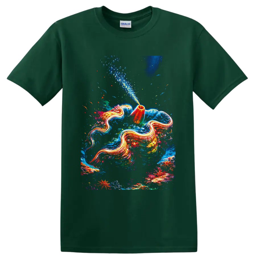 Flowing aquatic animals in colorful coral reef art with fish, bubbles, and starfish on a Forest Green T Shirt