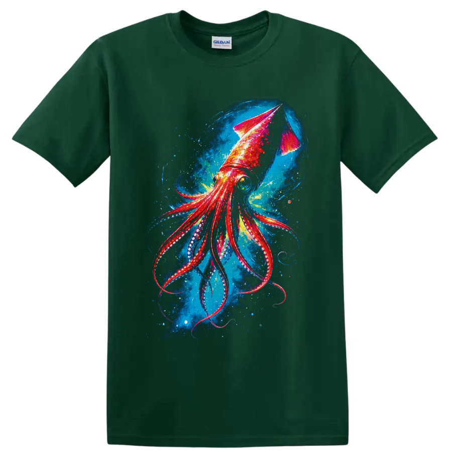 Colorful Giant Squid illustration with curling tentacles in a swirling deep-sea scene on a Forest Green T Shirt