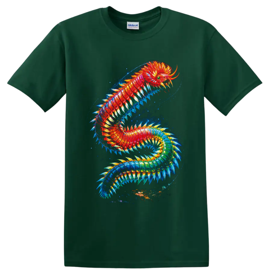 Surreal rainbow marine bristle worm with glowing bristles in a cosmic ocean swirl on a Forest Green T Shirt