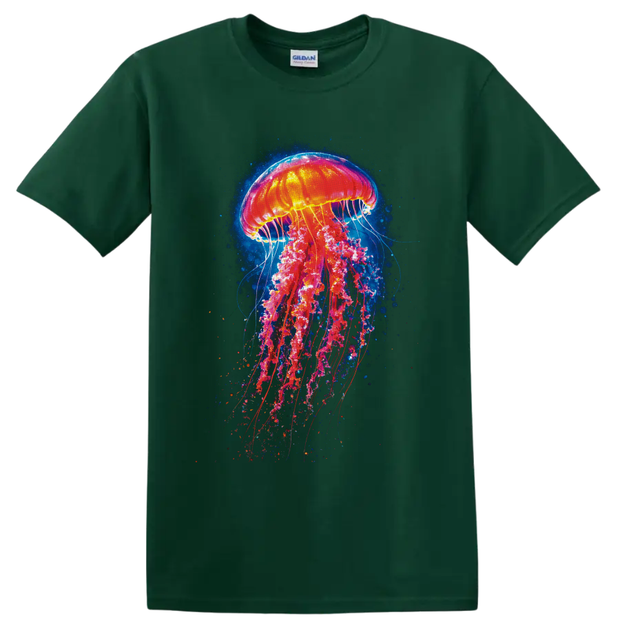 Neon jellyfish graphic art with glowing tentacles and deep blue ocean particles on a Forest Green T Shirt