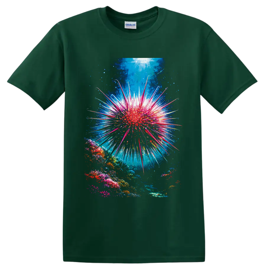 Crown-of-thorns starfish with radiant spines above a colorful sunlit coral reef on a Forest Green T Shirt