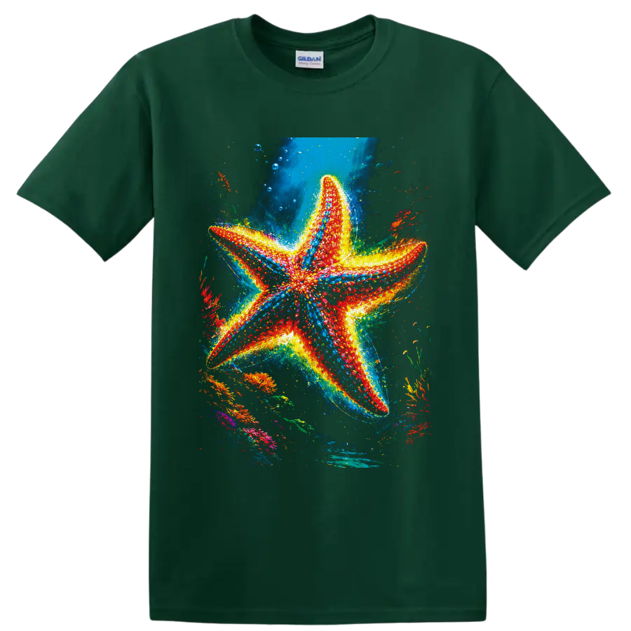 Vibrant red and blue starfish in a glowing tropical coral reef scene on a Forest Green T Shirt