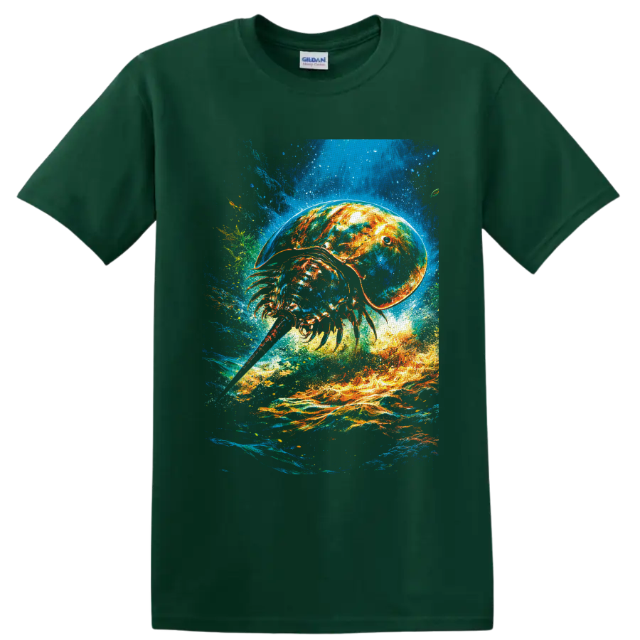 Vibrant horseshoe crab illustration in swirling blue water and fiery orange currents on a Forest Green T Shirt