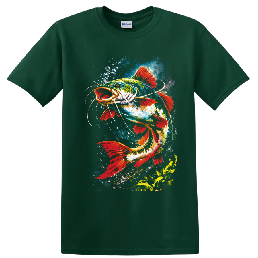 Vibrant watercolor catfish with red fins swimming through blue splashes and bubbles on a Forest Green T Shirt