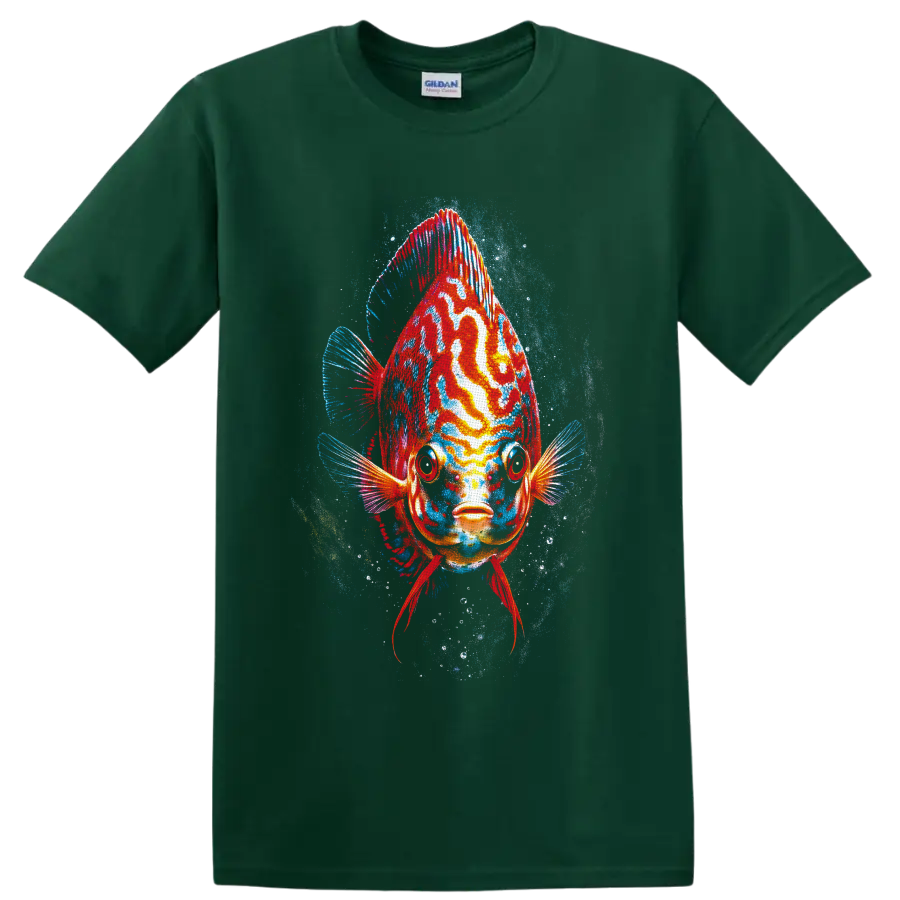 Colorful discus fish portrait with red, orange, and turquoise underwater splash art on a Forest Green T Shirt