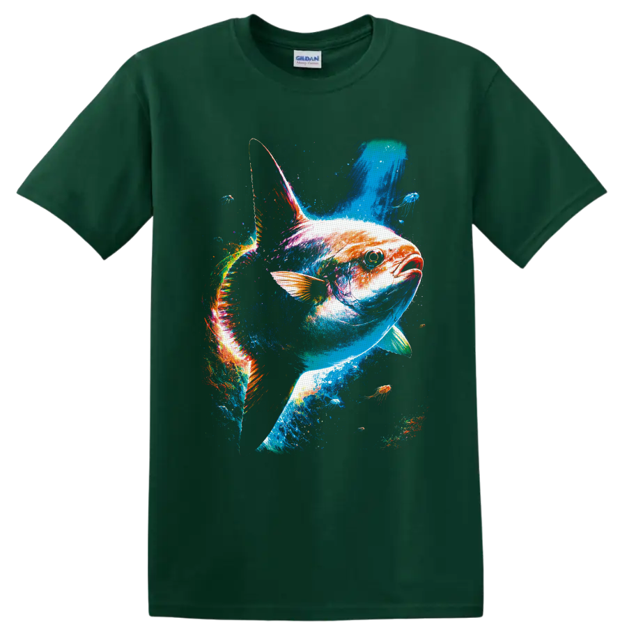 Colorful Bluefin Tuna splash-art design with jellyfish in a vivid underwater scene on a Forest Green T Shirt