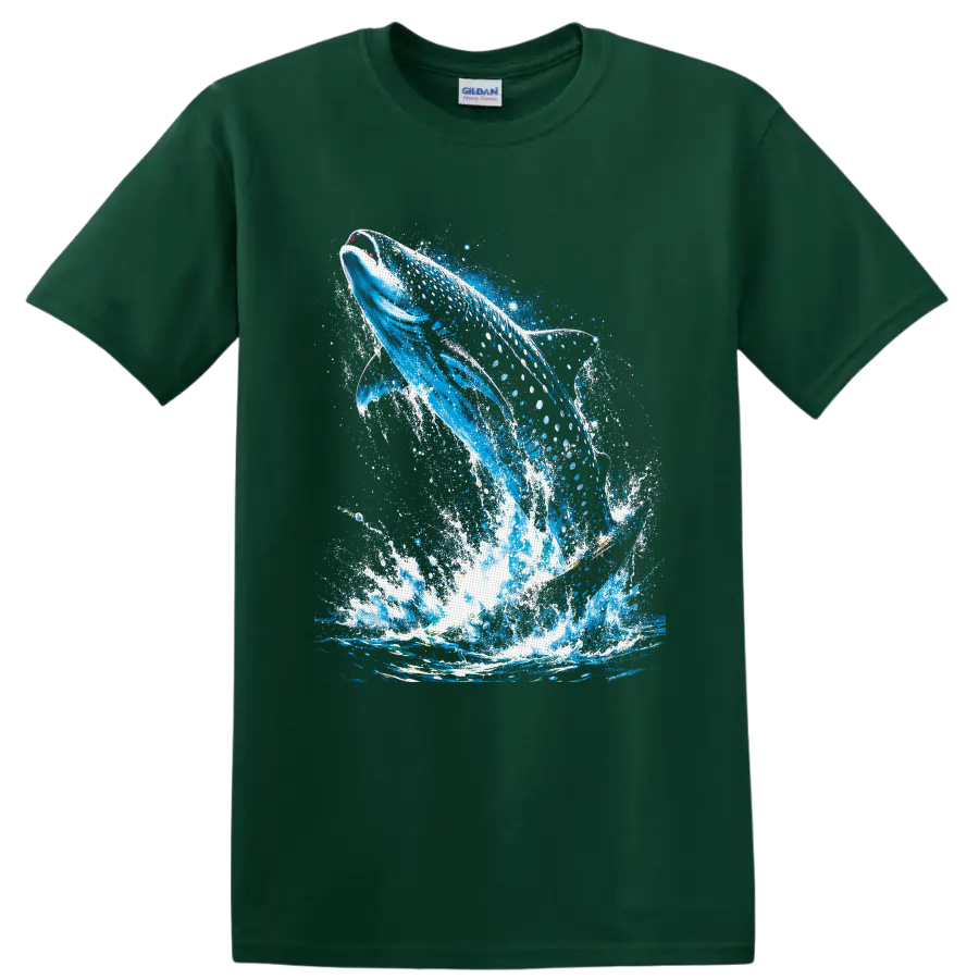 Breaching humpback whale in vivid blue ocean splash and paint-splatter artwork on a Forest Green T Shirt
