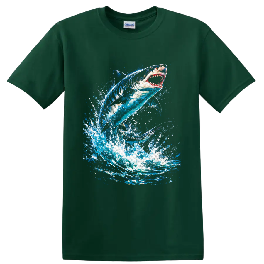 Great white shark leaping through a vivid blue ocean wave splash art design on a Forest Green T Shirt