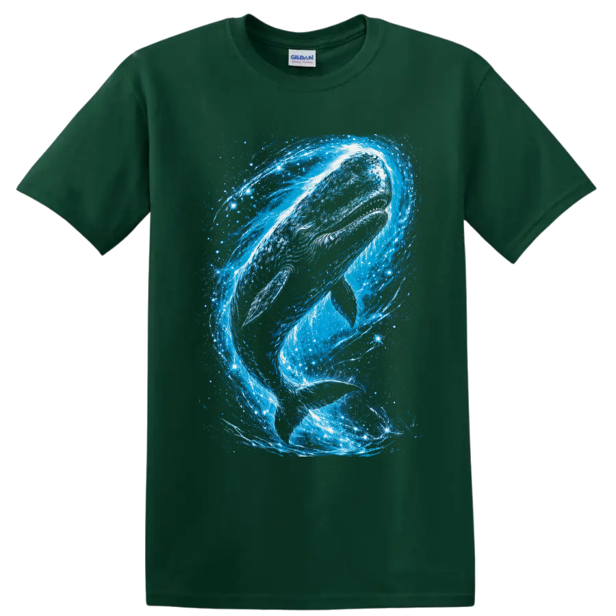 Humpback whale in swirling blue cosmic ocean waves and starry galaxy art on a Forest Green T Shirt