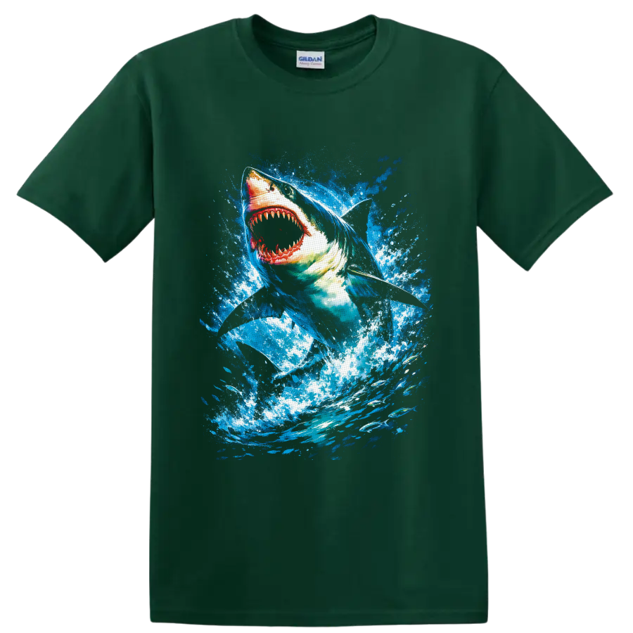 Great White Shark lunging through vivid blue ocean splash art on a Forest Green T Shirt