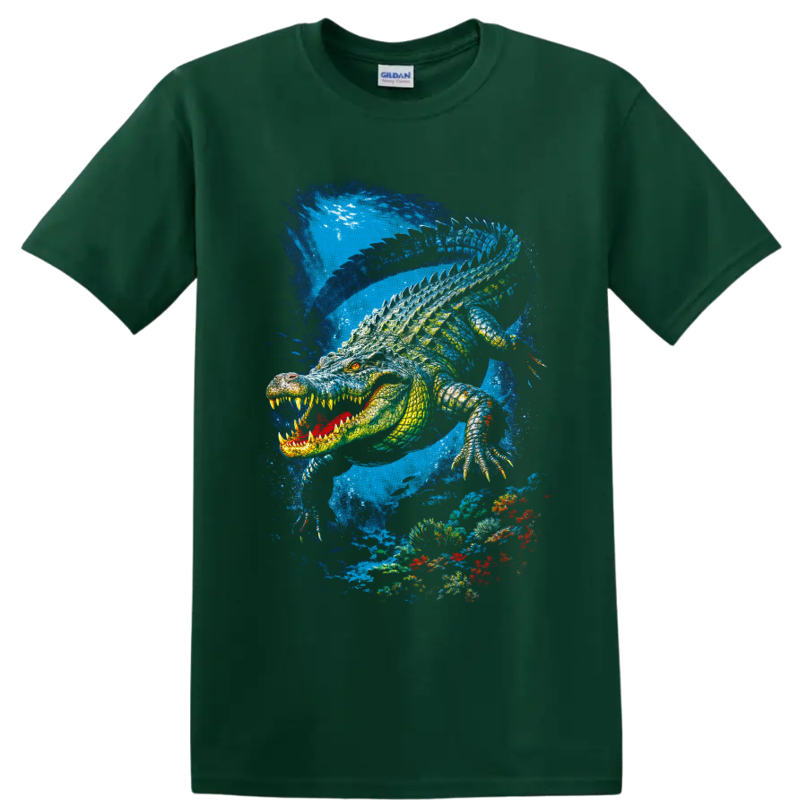 Fierce crocodile swimming through a vivid blue underwater coral reef illustration on a Forest Green T Shirt