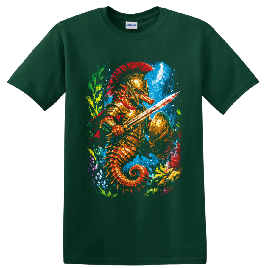 Colorful fantasy seahorse warrior in golden armor with sword and shield underwater on a Forest Green T Shirt