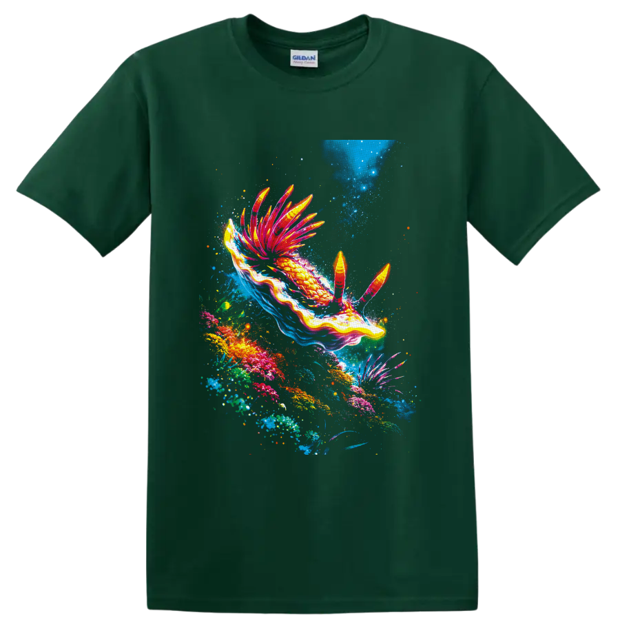 Vibrant nudibranch sea slug swimming through a colorful coral reef illustration on a Forest Green T Shirt