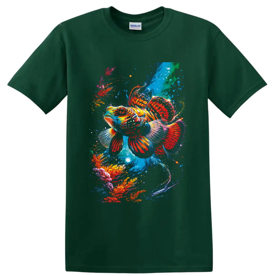 Tropical fish in a vibrant painterly underwater coral reef scene on a Forest Green T Shirt