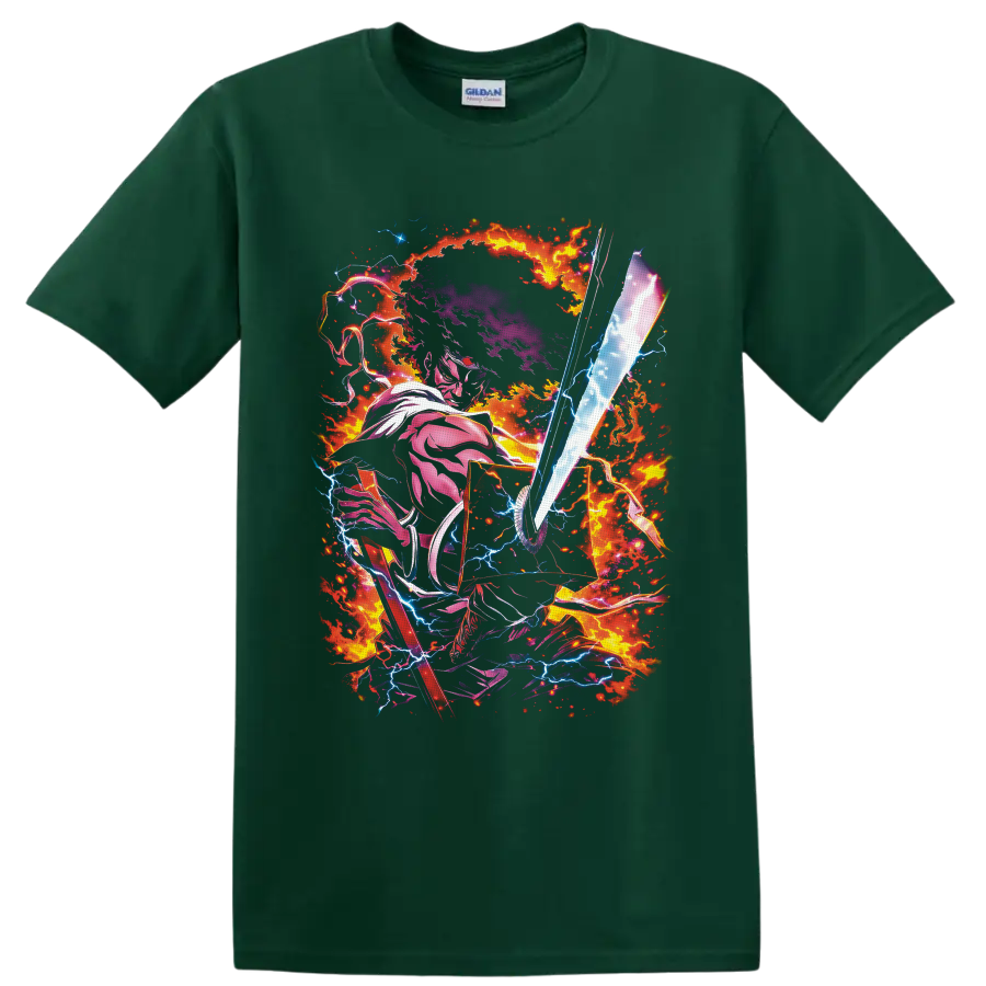 Mononoke Medicine Seller with glowing spirit sword, fire, and lightning anime art on a Forest Green T Shirt