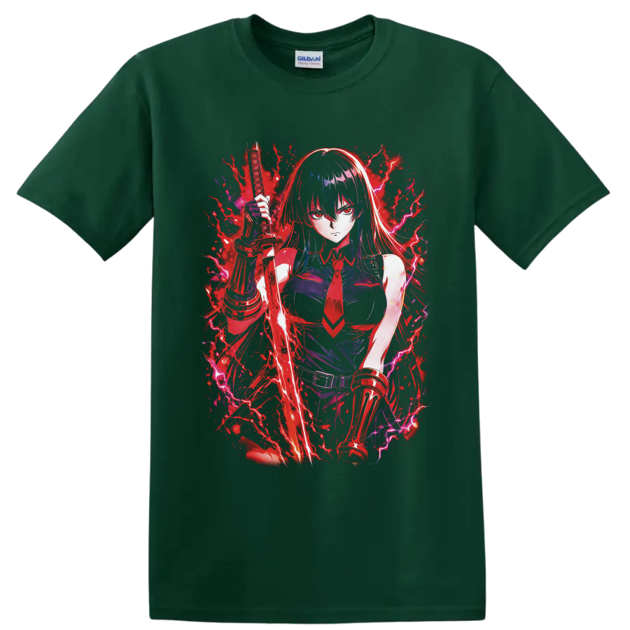 Esdeath Akame ga Kill anime warrior with katana, crimson splatter, and purple lightning on a Forest Green T Shirt