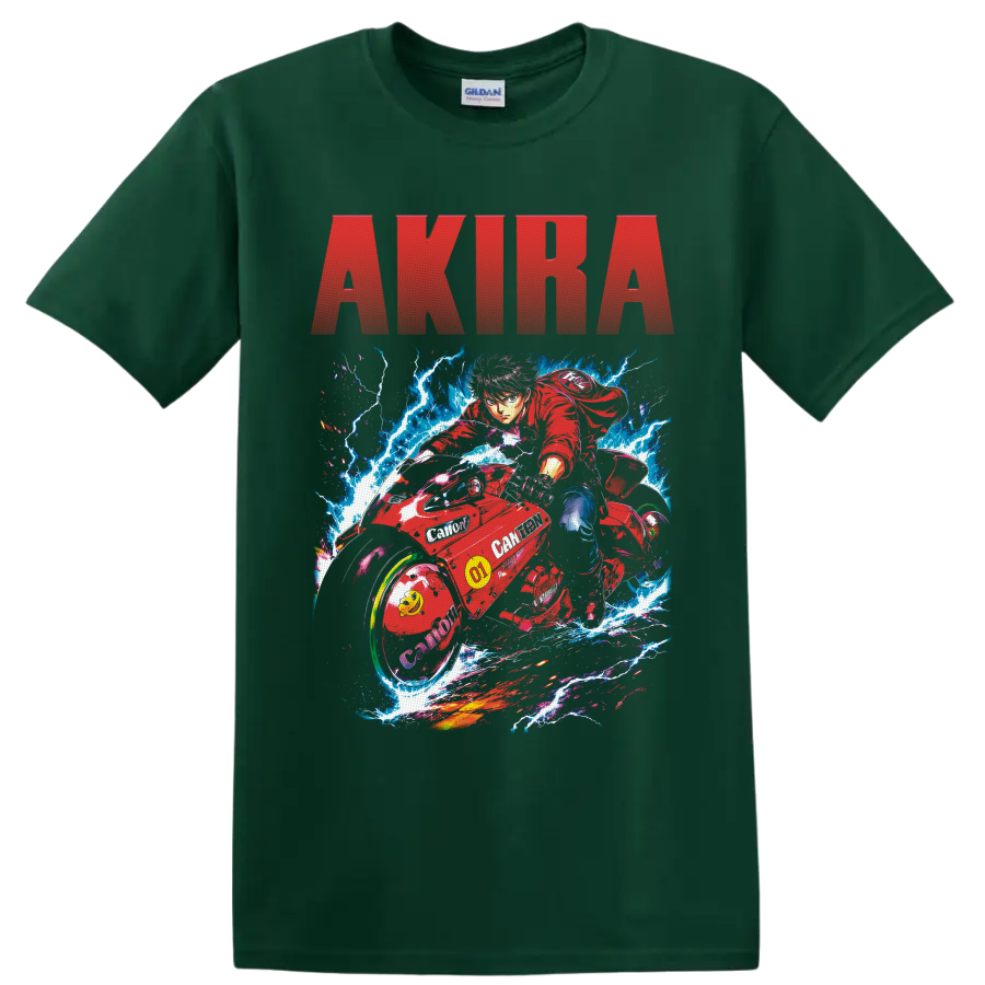 Shotaro Kaneda on red motorcycle with lightning and AKIRA text in neon anime art on a Forest Green T Shirt