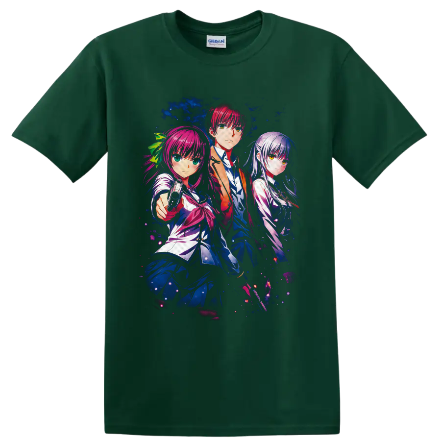 Angel Beats Yuri, Yuzuru, and Kanade cosmic anime character art on a Forest Green T Shirt