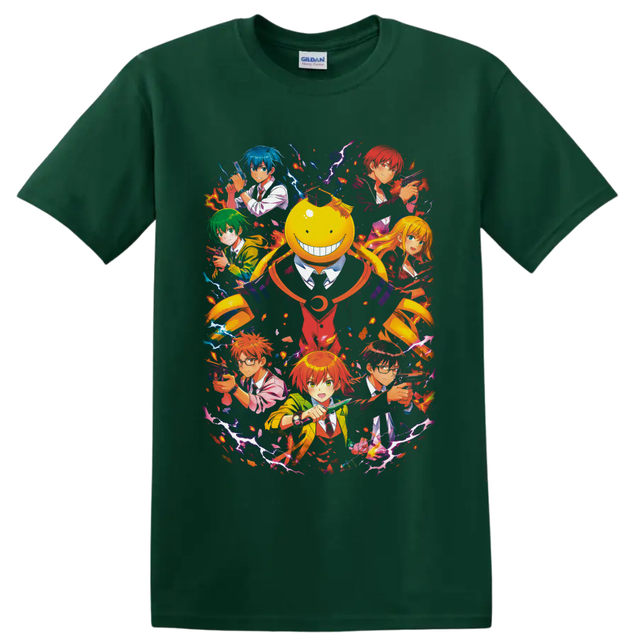 Koro-sensei and Class 3-E anime action collage with lightning and fiery splashes on a Forest Green T Shirt