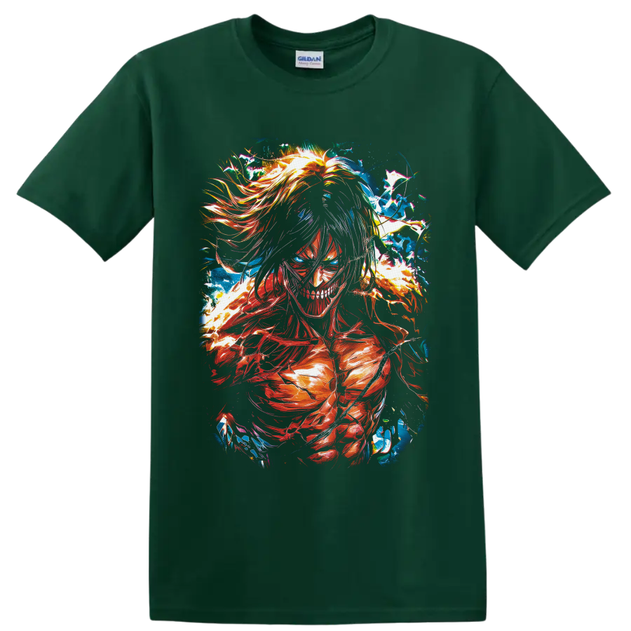 Eren Yeager Attack Titan in vivid red-orange and blue color-burst anime art on a Forest Green T Shirt