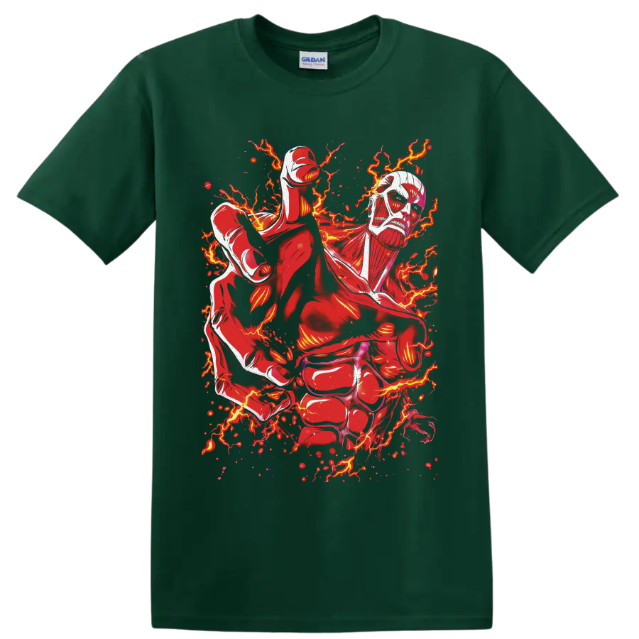 Colossal Titan Attack on Titan manga art with red lightning and fiery sparks on a Forest Green T Shirt