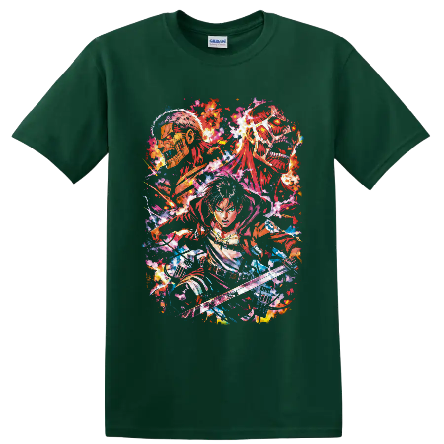 Eren Yeager with Armored and Colossal Titans in vivid splatter-paint anime art on a Forest Green T Shirt