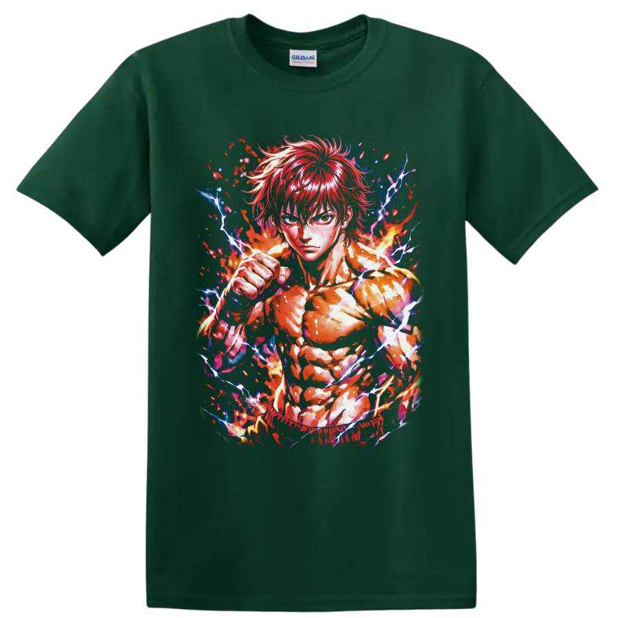 Baki Hanma anime fighter with raised fist, fire, and crackling lightning art on a Forest Green T Shirt