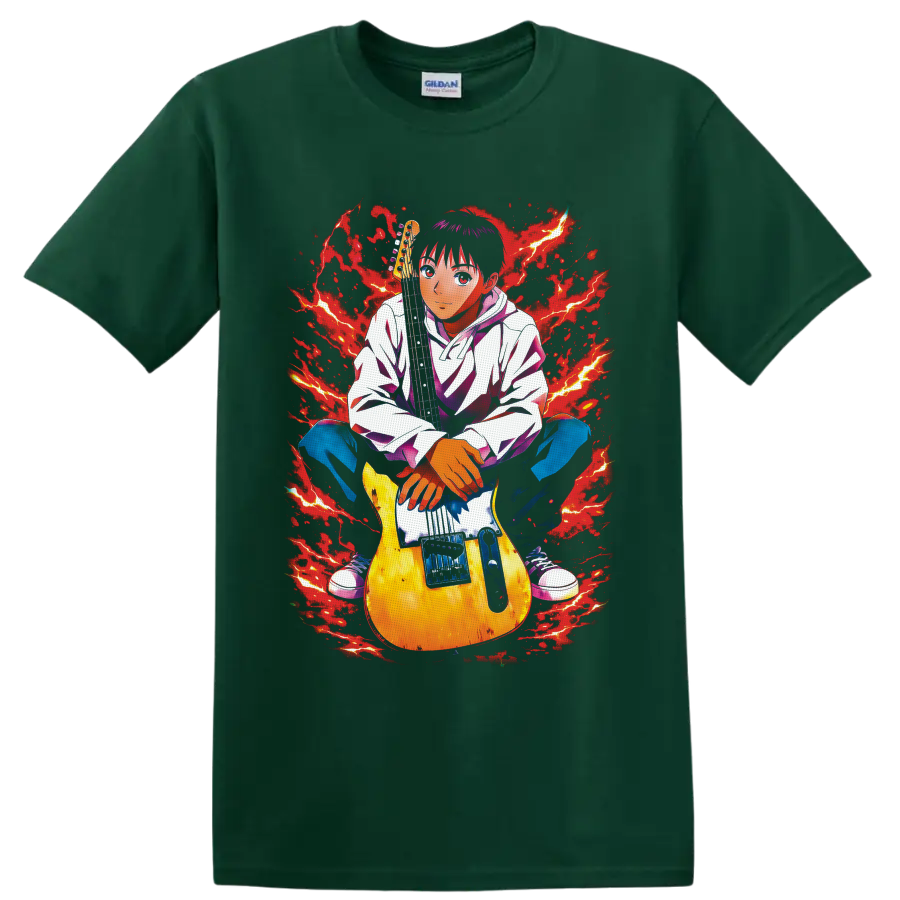 Yukio Tanaka Koyuki with electric guitar in red lightning anime rock art on a Forest Green T Shirt