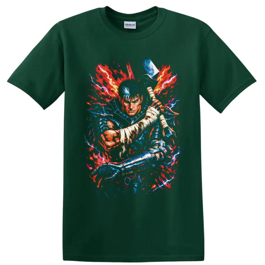 Guts Berserk Flame Dragon Knight swordfighter with red flames and blue lightning on a Forest Green T Shirt