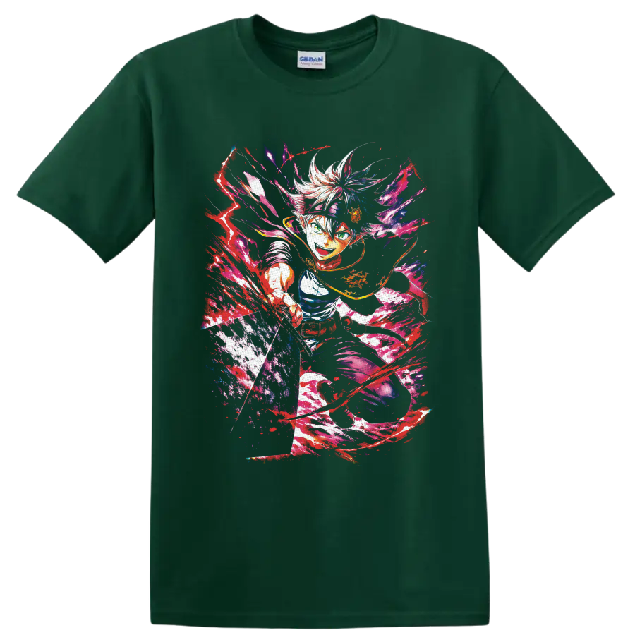 Asta Black Clover anti-magic battle anime art with neon paint splashes on a Forest Green T Shirt