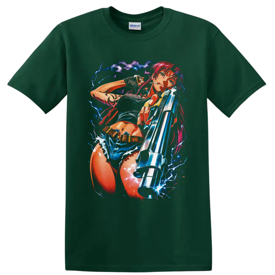Revy from Black Lagoon in vivid anime gunfighter art with blue lightning on a Forest Green T Shirt