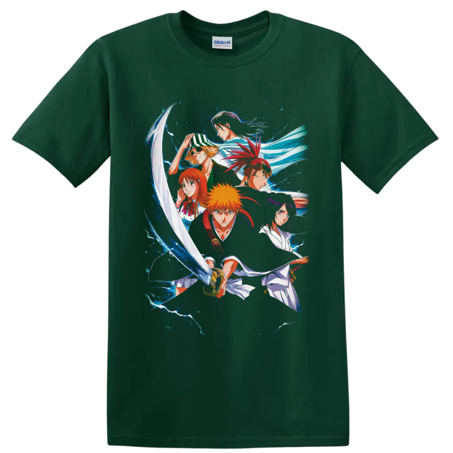 Bleach character group anime art with Ichigo Kurosaki, sword, and blue energy on a Forest Green T Shirt