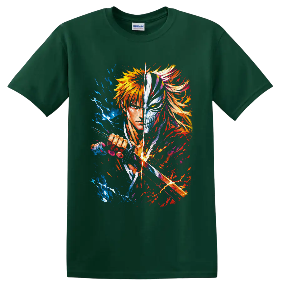 Ichigo Kurosaki split Hollow mask anime art with sword slash and blue fiery energy on a Forest Green T Shirt