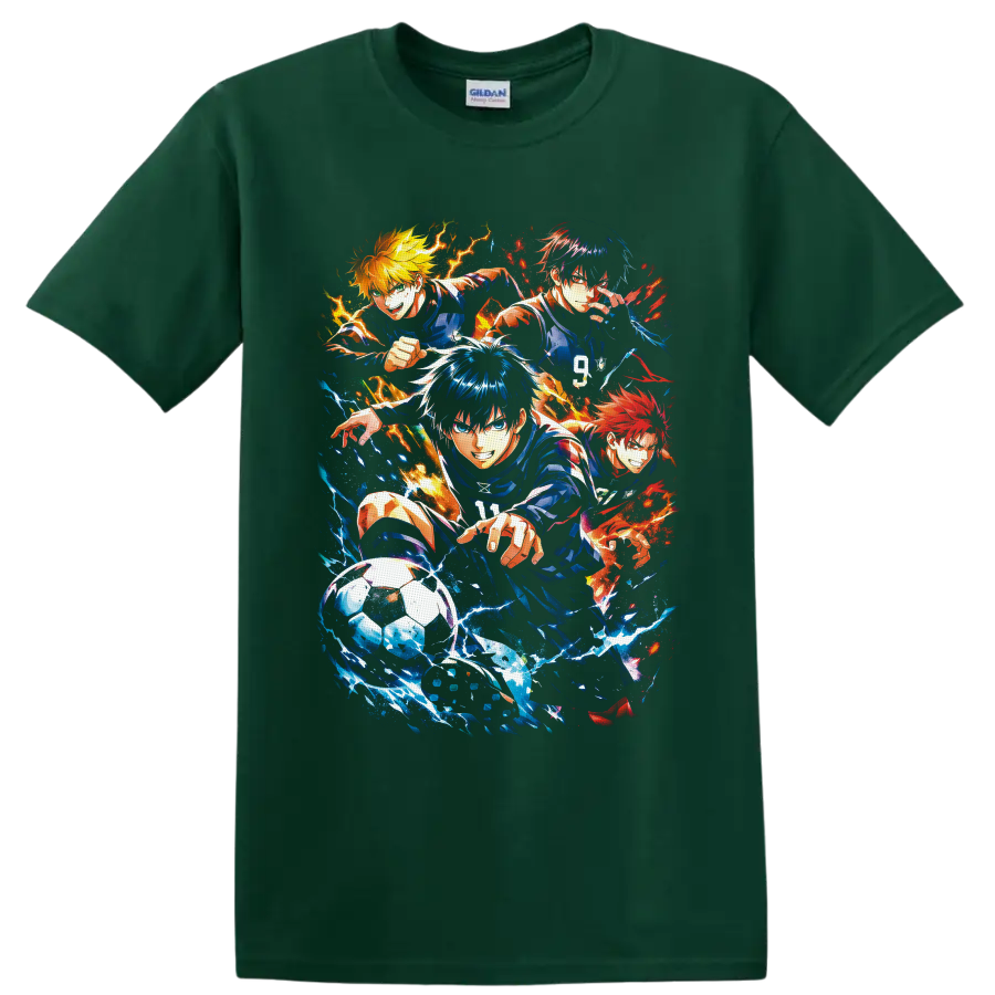 Satoru Gojo and Blue Lock anime soccer players in explosive blue and orange splatter art on a Forest Green T Shirt