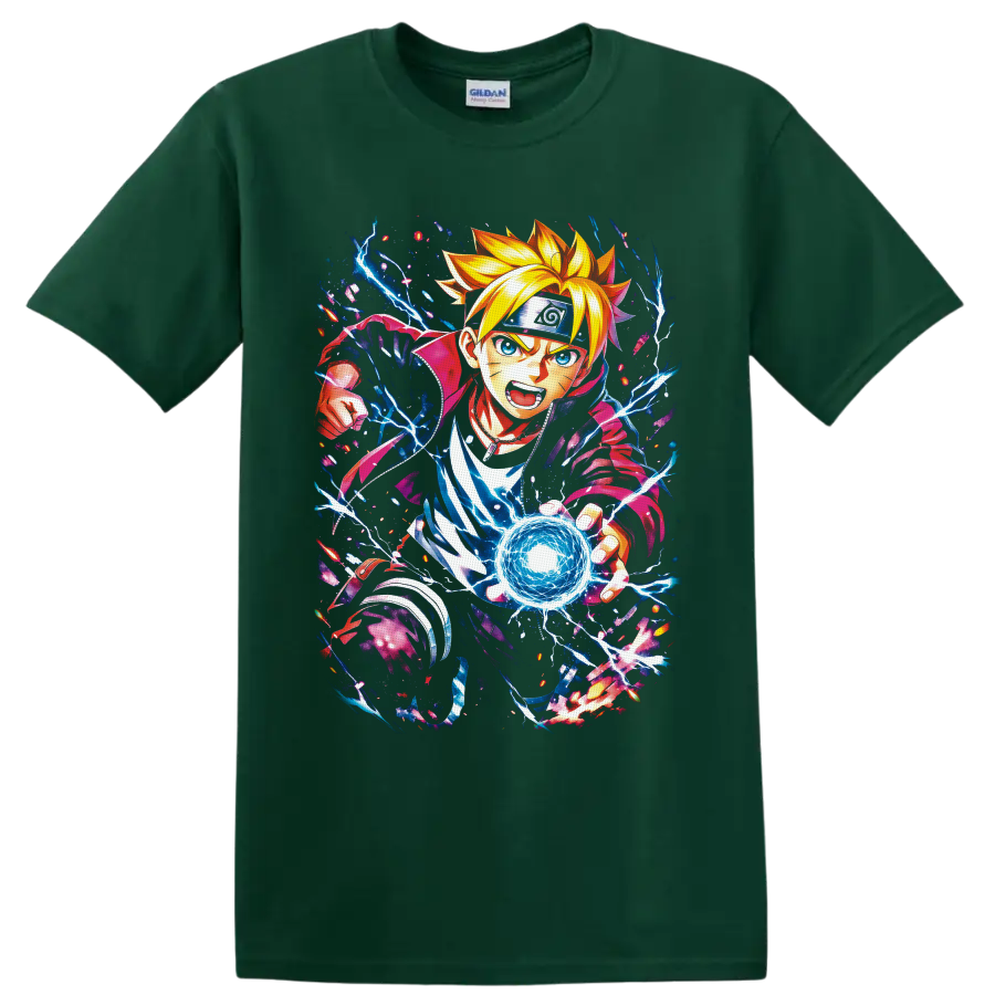 Boruto Uzumaki anime art charging a blue lightning energy orb on a Forest Green T Shirt