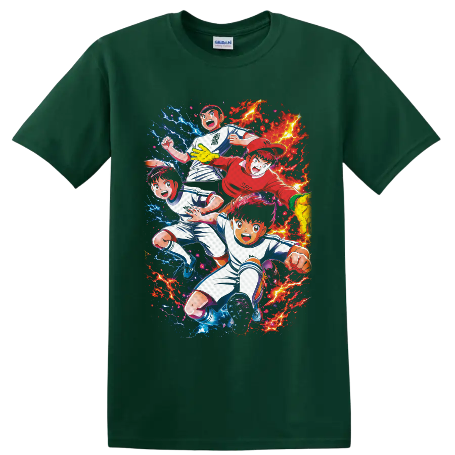 Captain Tsubasa soccer anime players with red flames and blue lightning on a Forest Green T Shirt
