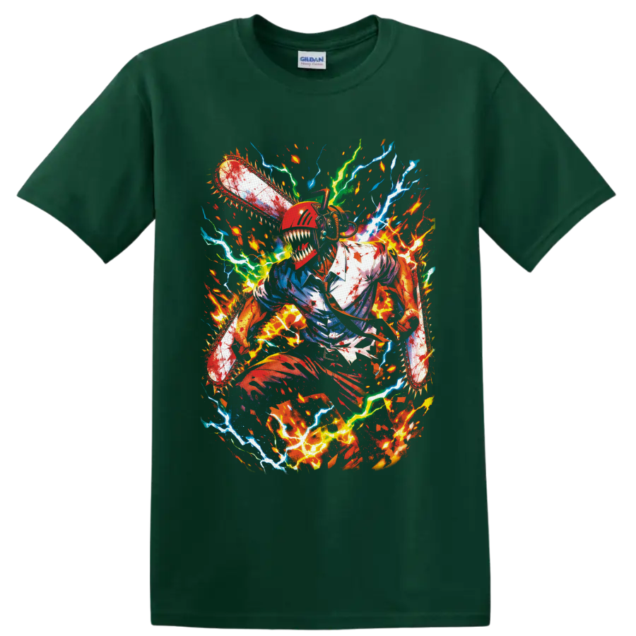 Denji Chainsaw Man chainsaw transformation with fiery splatter and electric anime art on a Forest Green T Shirt