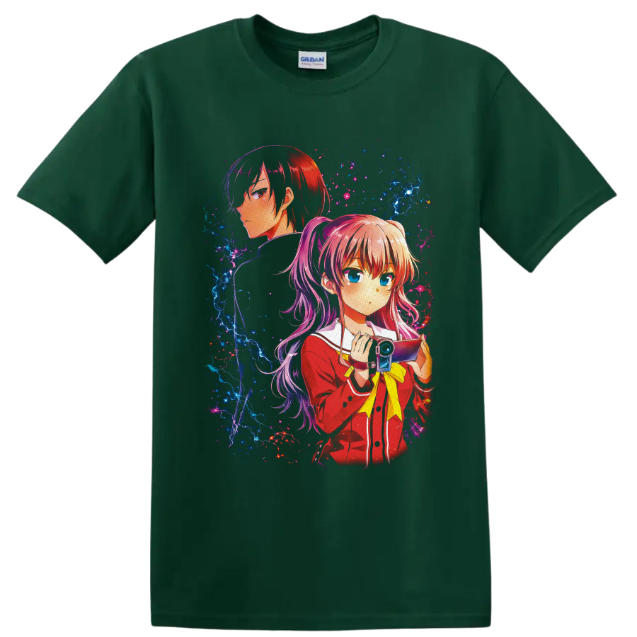 Nao Tomori and Yuu Otosaka anime art with camera and electric cosmic effects on a Forest Green T Shirt