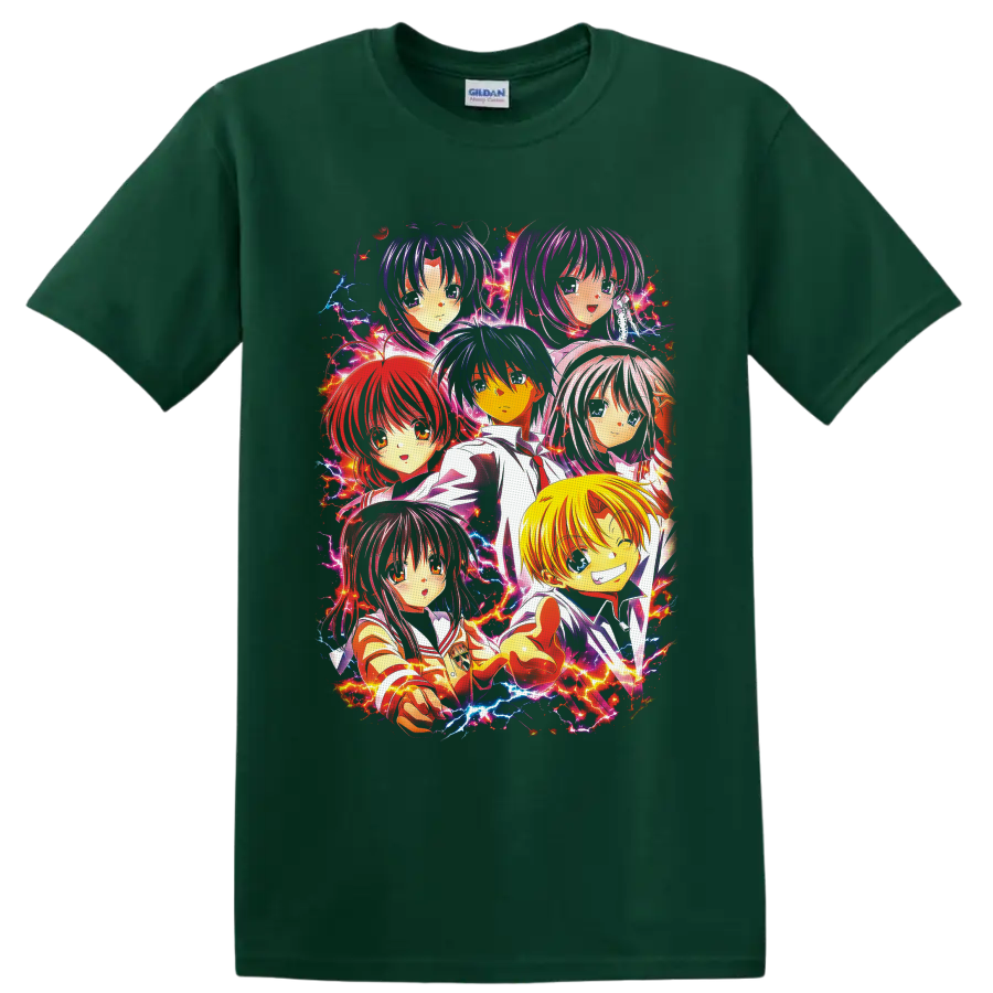 Full Moon wo Sagashite character group anime art with colorful electric lightning on a Forest Green T Shirt