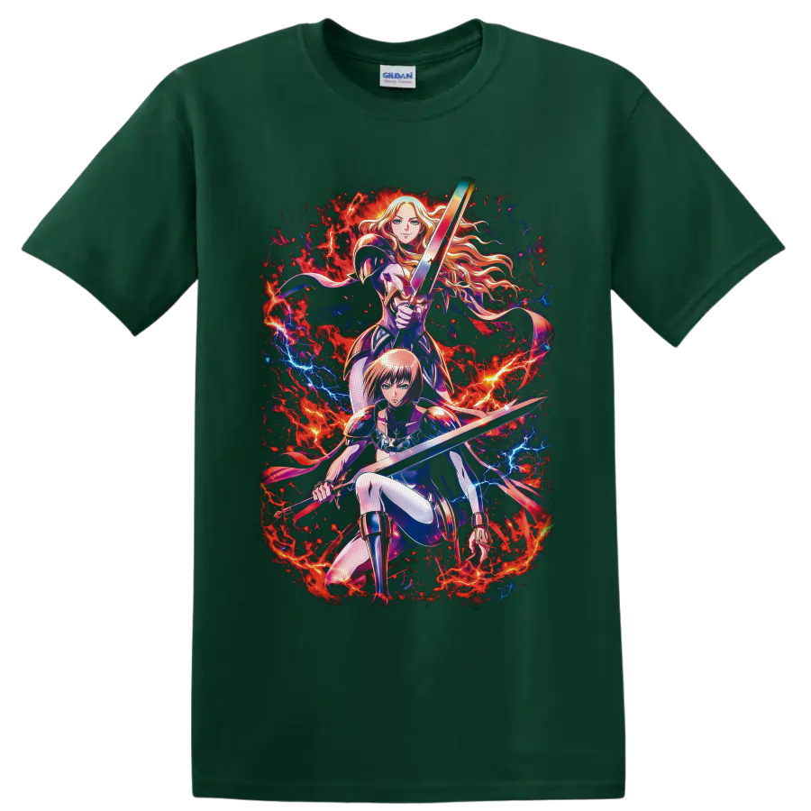 Clarice and Miata sword warrior anime art with fiery lightning battle effects on a Forest Green T Shirt