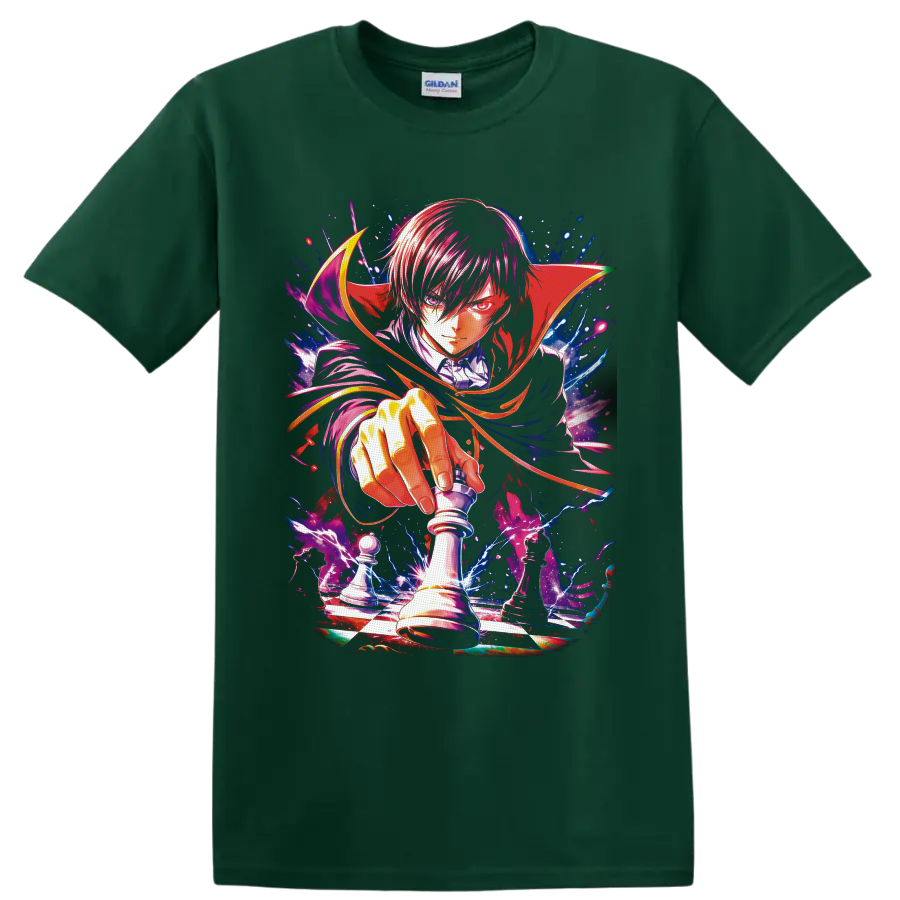 Lelouch Lamperouge chess king anime art with crimson cape and electric checkerboard on a Forest Green T Shirt