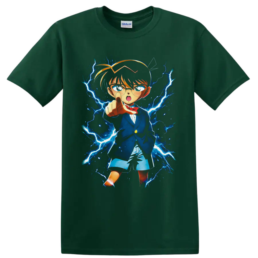 Conan Edogawa anime detective pointing amid electric-blue lightning on a Forest Green T Shirt